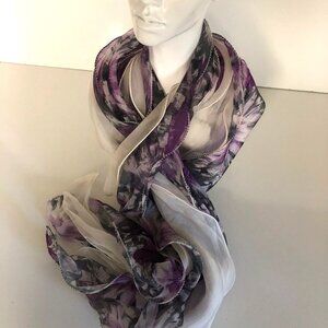 Dual White Sheer Lightweight Scarf with Purple Gray Floral 10x92 in Versatile